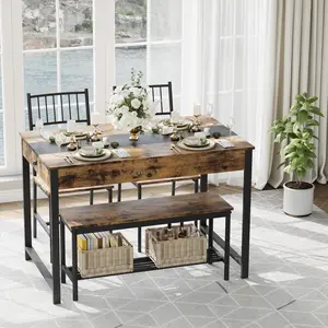 4-Seater Farmhouse Dining Table Set, Space-Saving Rectangular Kitchen Furniture with Storage Drawers & Rack, Comes with 2 Chairs and Bench, Perfect for Apartment Breakfast Nook