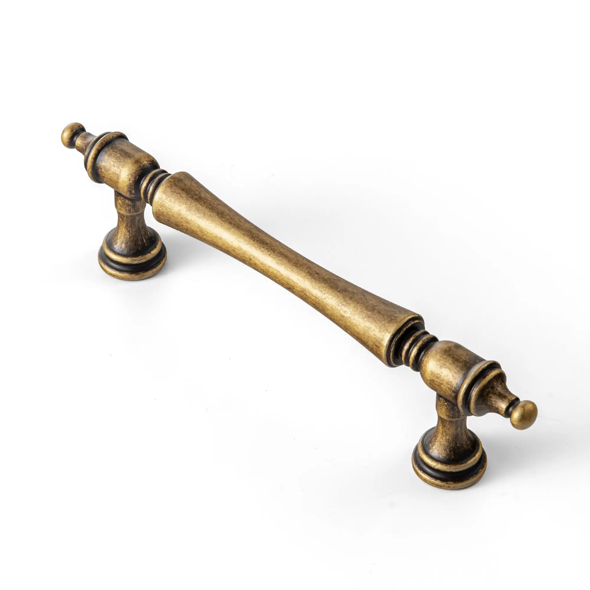 Goo-Ki 6-Pack 5in Antique Brass Cabinet Pulls - Farmhouse Tapered Bar Handles with Decorative Finials, Sculpted Detailing, 1-3/8" Projection, High-Density Artisanal Antique Patina for Kitchen Furniture