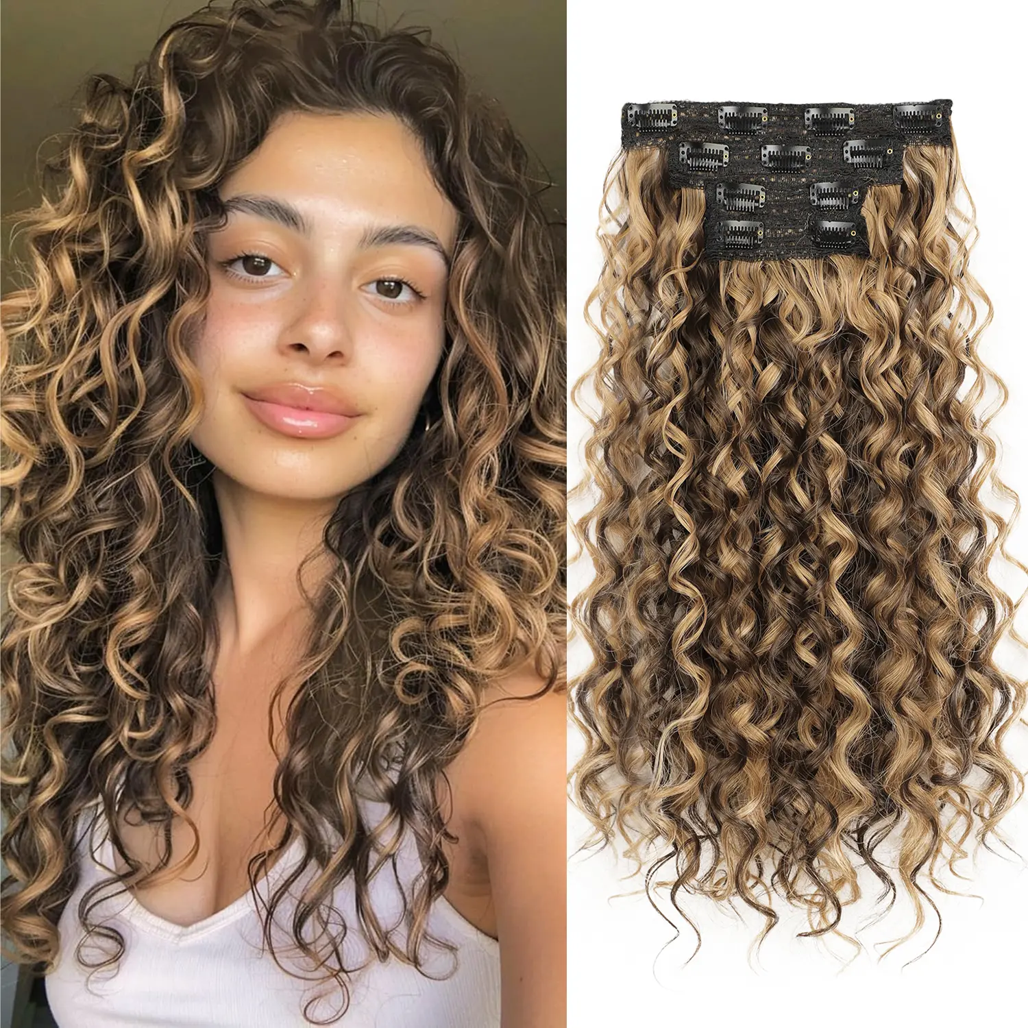 Curly Hair Extensions, 4PCS 22inch Clip in Hair Extensions Lace Weft Short Curly Hair Extensions Clip Ins Invisible Natural Hairpieces for Women