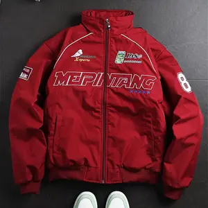 Men's Racing Style Bomber Jacket - Graphic Print with Patch Details, Stand Collar Design, Fleece Fabric Offers Comfort and Warmth, Perfect for Casual Street Style, Everyday Wear, or This Season's Trendy Sporty Look Coats Long Sleeve