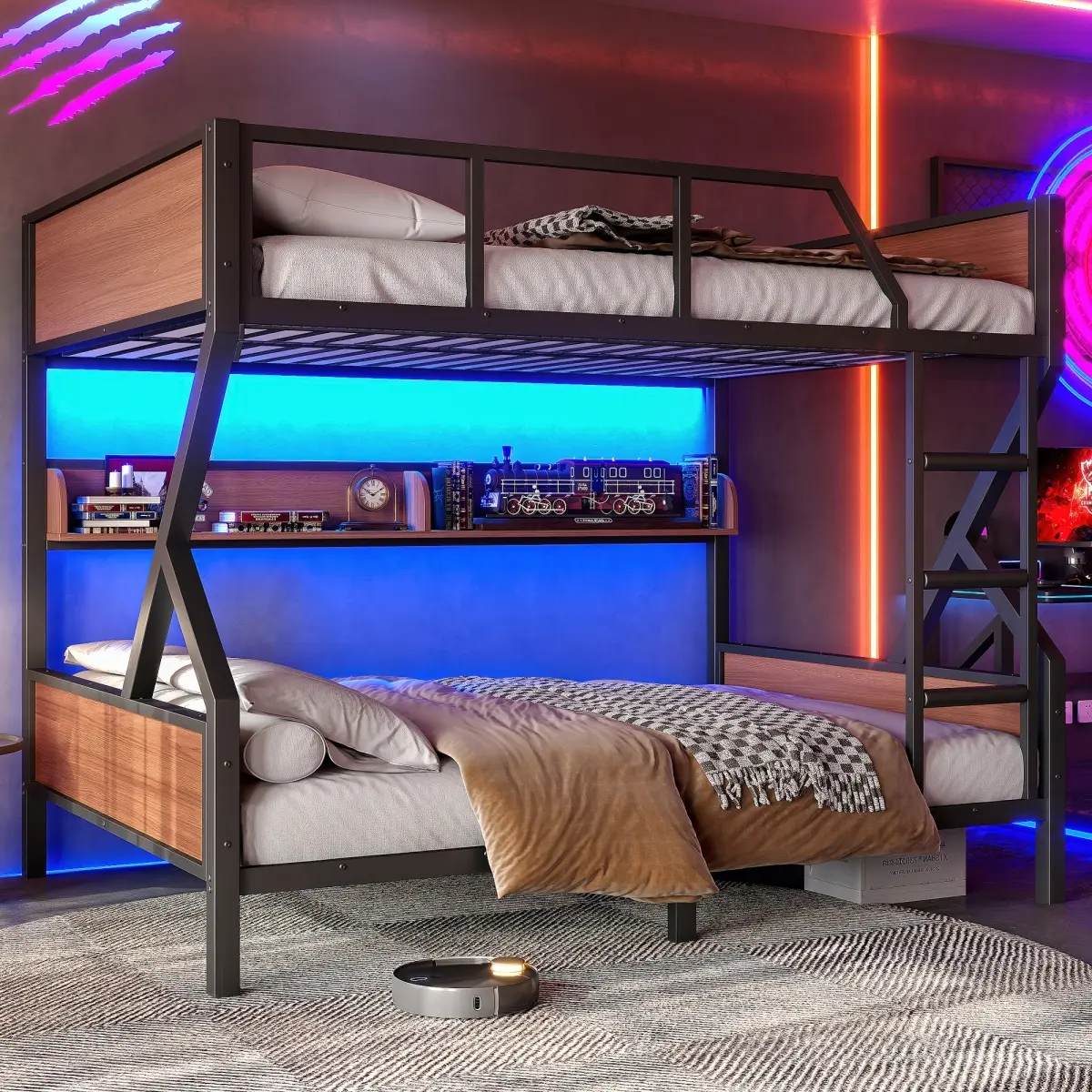 Full-over-Full Metal LED Bunk Bed Frame with LED Strips, 6'' Upper Bed, Storage Shelves, Silent Noise-free Design, Secure Space-saving Black Indoor Furniture for 2 People
