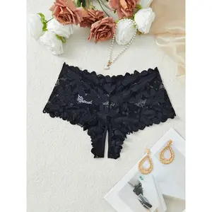 Women's Plus Size Sexy Black Lace Panties with Maple Leaf Embroidery, Open Crotch Design, Mid-Rise, Breathable Nylon Blend for Comfort and Style Womenswear Basic Minimalist Sneaky lingerie
