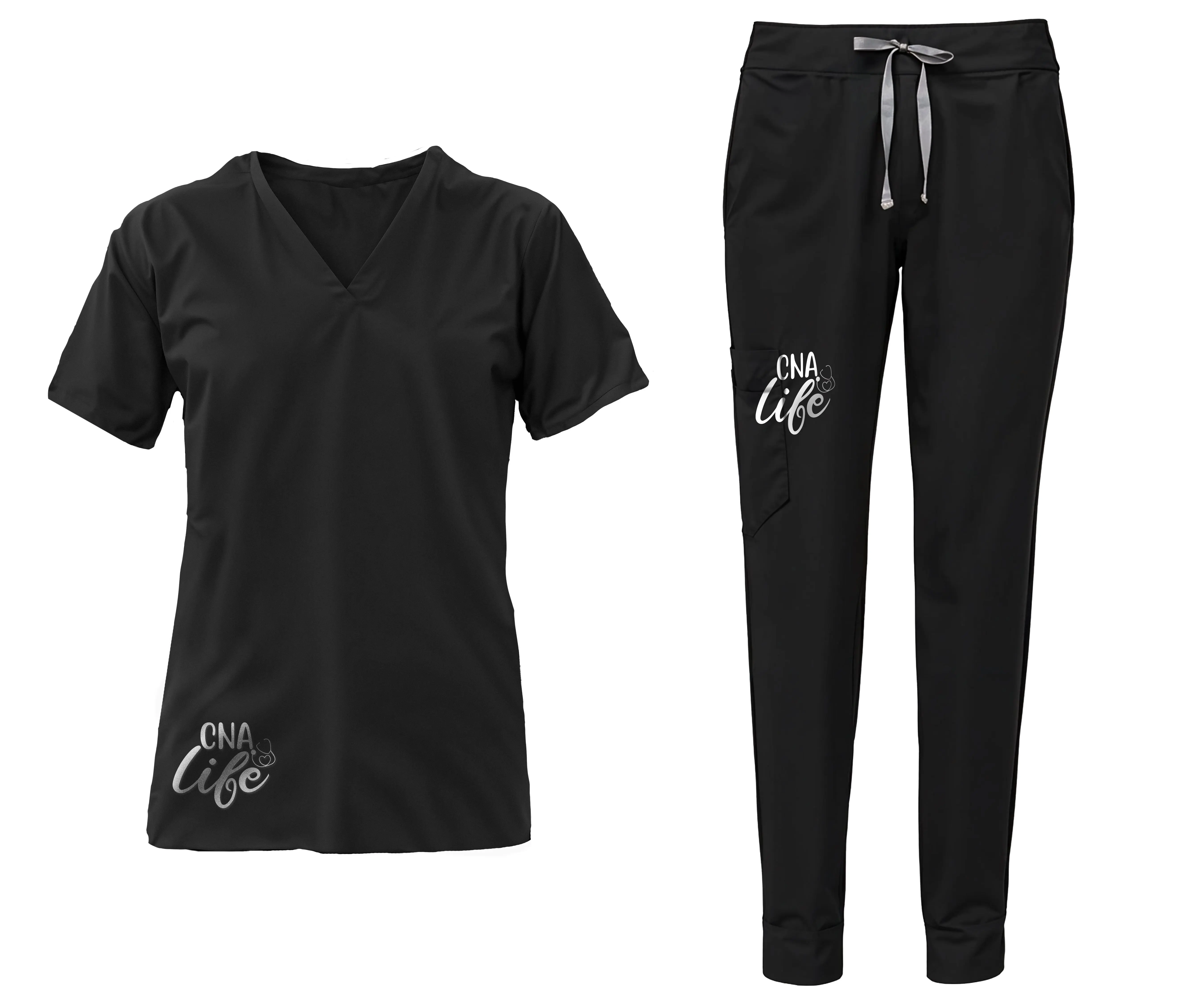 "CNALife" Jogger Scrub Set - Custom "CNA Life" Print, Modern Jogger Fit, Comfortable Stretch Fabric, Durable Easy-Care Material Uni-sex Womenswear Clothes Grey Matching