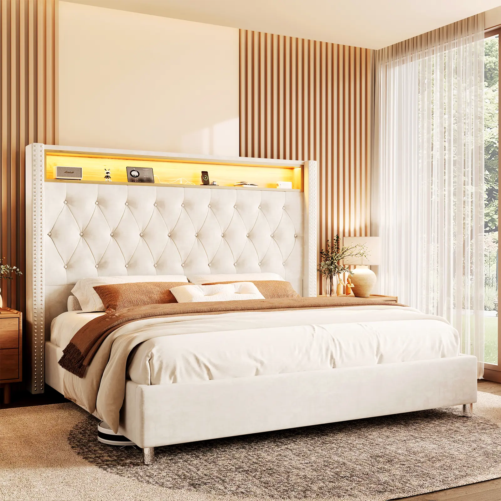 Amerlife Bed with 52.8" Tall Storage Headboard, Velvet Bed Frame with Built-in Charging Station, No Box Spring Needed, Led Lighting, Customizable Ambiance,Best Gift Ideas/Christmas Gifts, High Headboard, Tufted Headboard