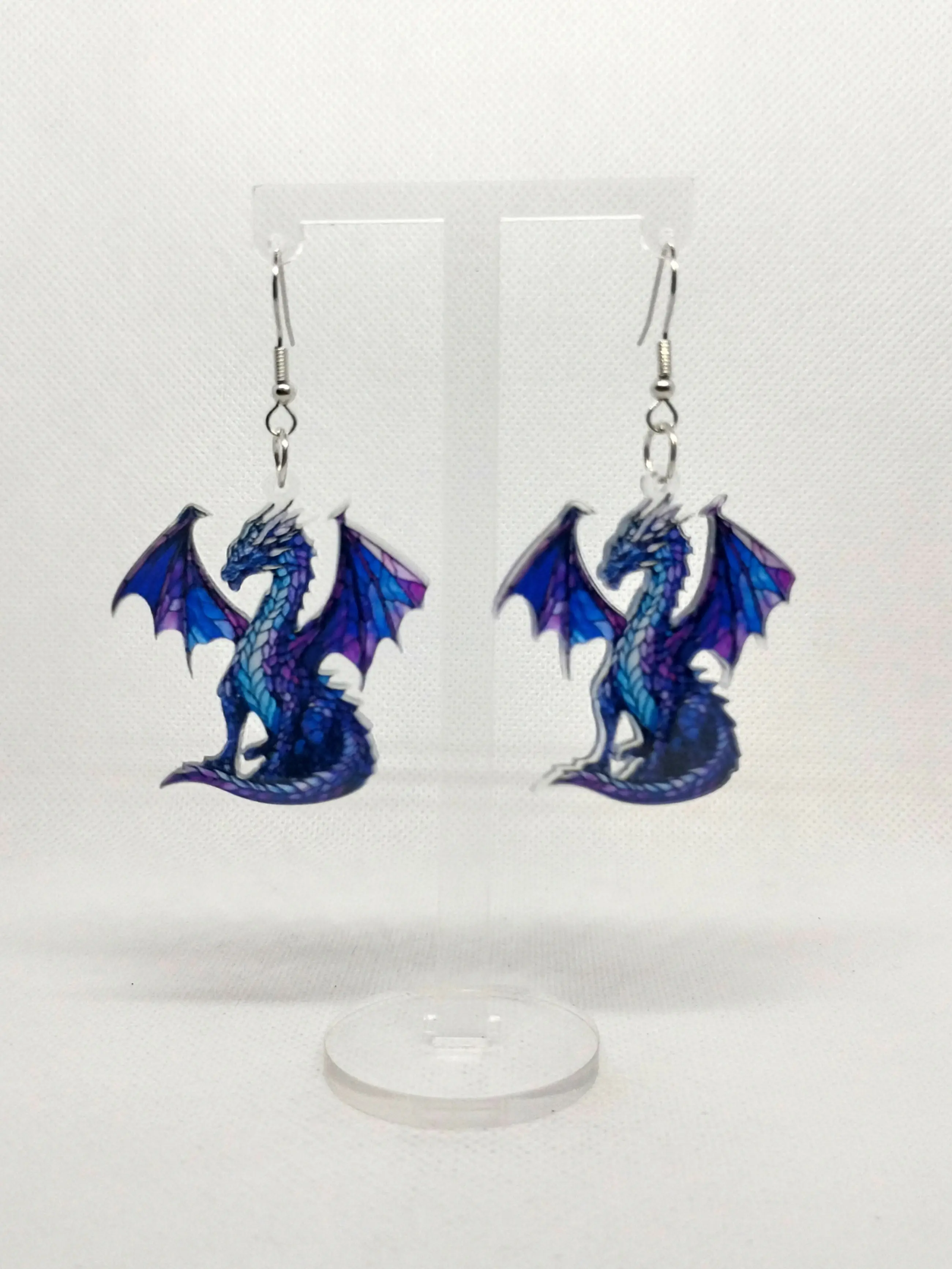 #324 Blue & Purple Dragon Earrings, Casual, Mythical Creature, Acrylic