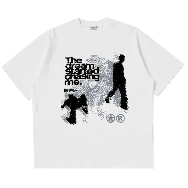 Men Tshirt Short Sleeve Shadow Print Y2k Top Tees Harajuku Streetwear Vintage Graphic Korean Aesthetic Clothing