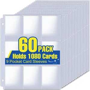1080 Pockets Card Sleeves Binder Sheets, 9 Pocket Card Sleeves for 3 Ring Binder,Trading Cards Sleeves Fit for Baseball,Football,,Business Cards(60 Pages)