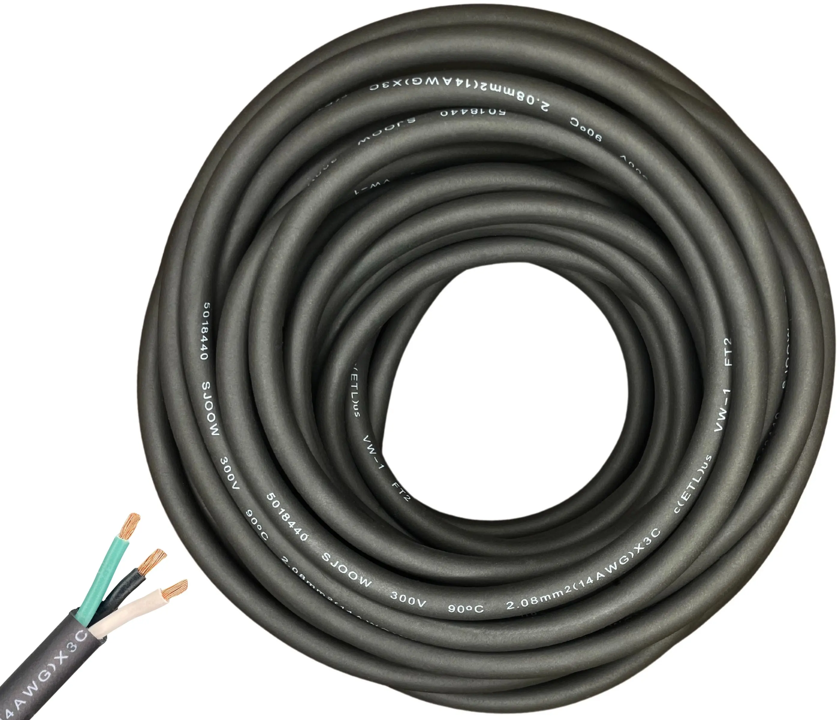 Windy Nation 14/3 SJOOW Pure Copper Cable - 14 AWG 3 Conductor, 300V Indoor Portable Power Extension Cord with Ultra Flexible, Abrasion-Resistant Insulation Jacket, ETL Approved for Heavy Equipment, Mining Environments (-40°C to 90°C), Construction Machin
