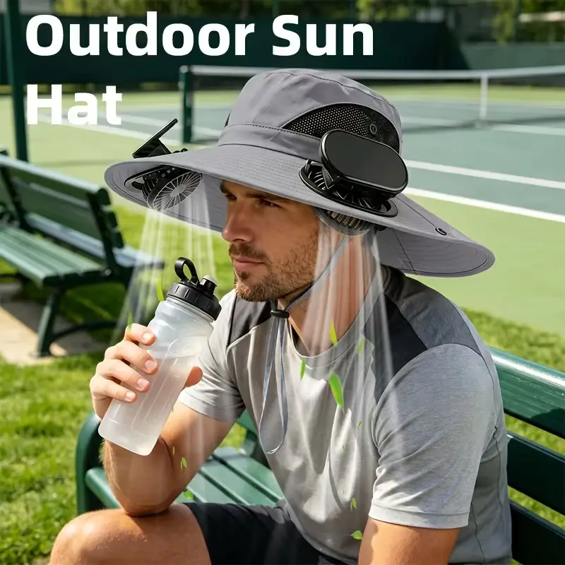 2026 Men's Wide Brim Sun Protection Hat with Dual Fans, Adjustable Fit, Breathable Lightweight Outdoor Hat for Fishing, Camping, Summer Activities