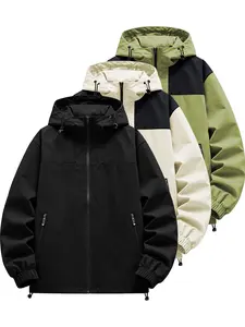 Men’s Color Blocked Waterproof Windproof Drawstring Zip-Up Hoodie Jacket by CCCMAI – Casual Long-Sleeve Outdoor Coat with Zipper Pockets, Perfect for Outdoor Activities Menswear Stylish Tops