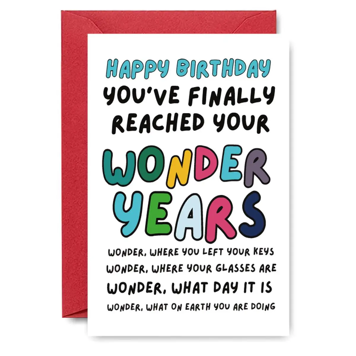 Humorous "Wonder Years" Birthday Card & Envelope Gift for 40+ Milestone, Forgetful Friend, Sibling Roast, Midlife Celebration, Colorful Typography Keepsake with Playful Age Jokes, Custom Message Card, Greeting Card