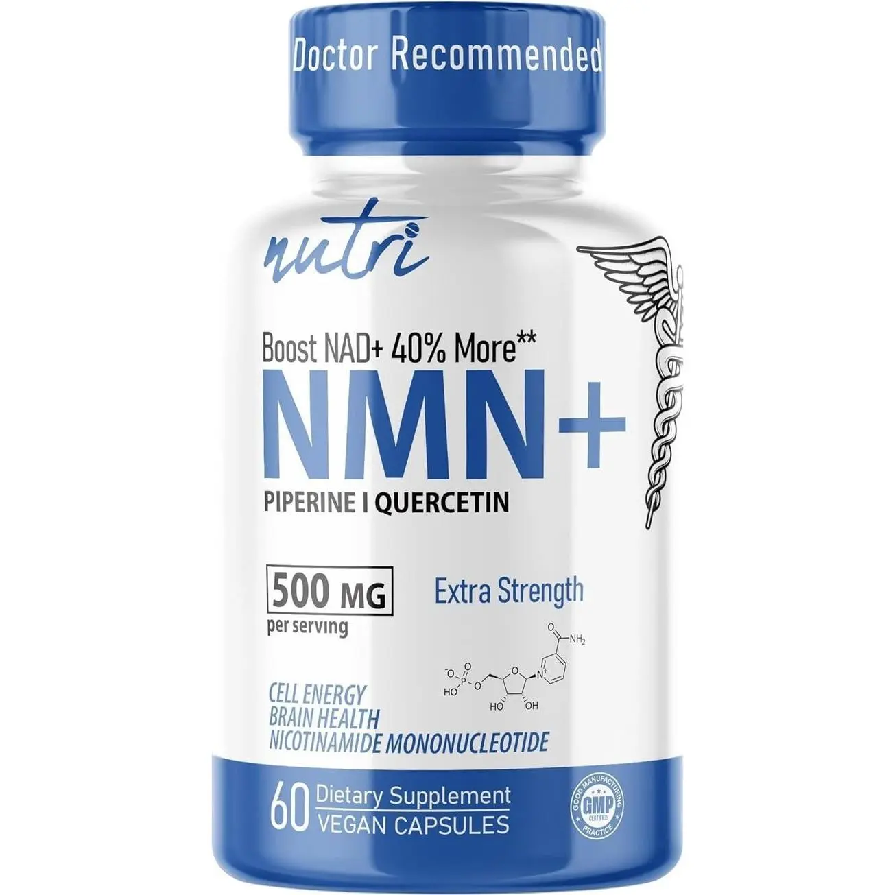NMN Supplement 500mg NAD Supplement - Nutri Ultra High Absorption Stabilized NMN Nicotinamide Mononucleotide, 40% More NAD+ with Quercetin Phytosome & Black Pepper - mnm supplement (60 Capsules)