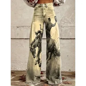 Women’s Western Cowboy Print Wide-Leg Faux Denim – 3D Printed Imitation Faux Denim Pants with Horse & Cowboy Action Scenes, Loose Comfortable High-Waisted Trousers, All-Season Casual to Semi-Formal Wear, Button Closure & Belt Loop (No Stretch Fabric) – W