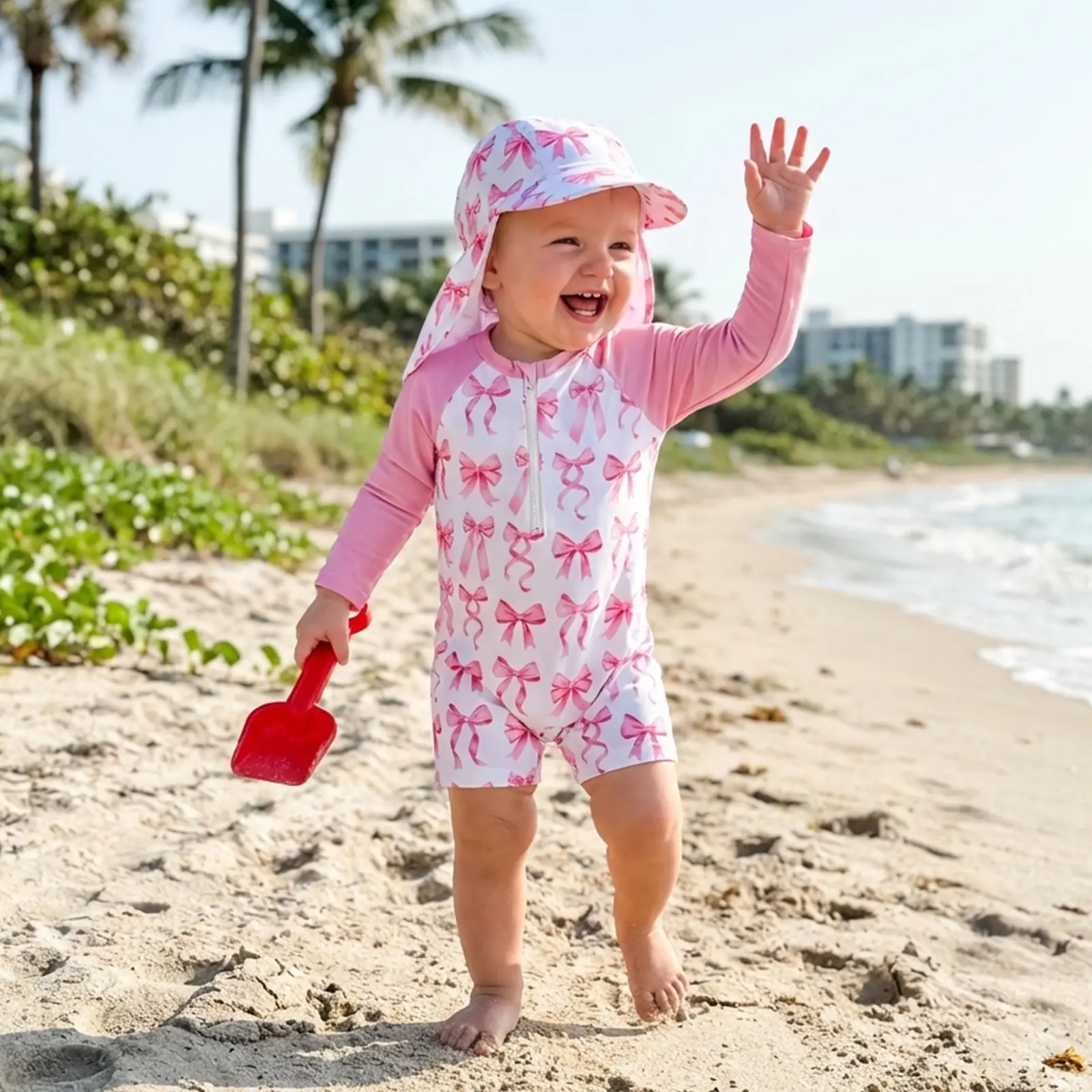 Toddler Girl's Bow Print Swimsuit Set, Long Sleeve Swimsuit Style Jumpsuit with 1 Hat for Pool & Beach, Polyester Elastane Blend, Sizes 0-3 Months - 2-3 Years, Matching Hat, Pool Beach Wear, Adorable Bow Print, 39-52 Cm