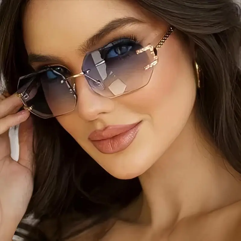 Women’s Luxury Rimless Geometric Sunglasses | Oversized Octagon Design with Blue-to-Pink Gradient Lenses & Gold Metal Frame - Stylish High-Fashion Accessory for Everyday Wear, Beach Days & Glamorous Outfits, Accessories For Women, Glasses For Women summer