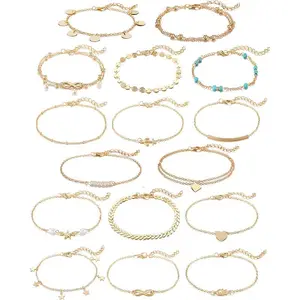 Women's 16Pcs Adjustable Gold & Silver Ankle Bracelets Set - Boho Rhinestone Ankle Chains, Summer Beach Fashion Costume Jewelry, Gift for Girlfriend