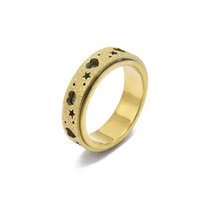 Lxalry Stainless Steel 18K Gold Plated Anxiety Relief Spinner Ring – Hollow Heart & Star Design Tarnish-Free Fidget Ring for Men & Women, Summer Gift Forever Ring engagement Hypoallergenic