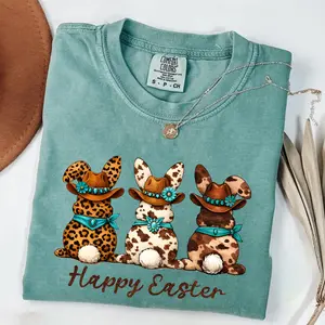 Comfort Color Western Easter Bunny T-shirt, Leopard Cow Print T-shirt, Coquette Easter Day Bunny Shirt Gift For Her Or Him