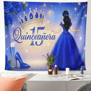 1pc Quinceañera 15th Birthday Celebration Tapestry for Event Party Backdrop - Blue Princess Gown & Crown Wall Decor, HD Printing Aesthetic Wall Art, Flower Pattern Tapestry, Polyester Home Decoration, Home Decor Supplies