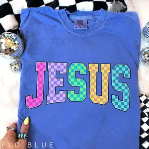 Comfort Colors Jesus Checkered TShirt, Trendy Neon Christian Graphic Top, Bible Verse Tee, Faith T-Shirt, Summer Religious Gift, Stylish Jesus Apparel