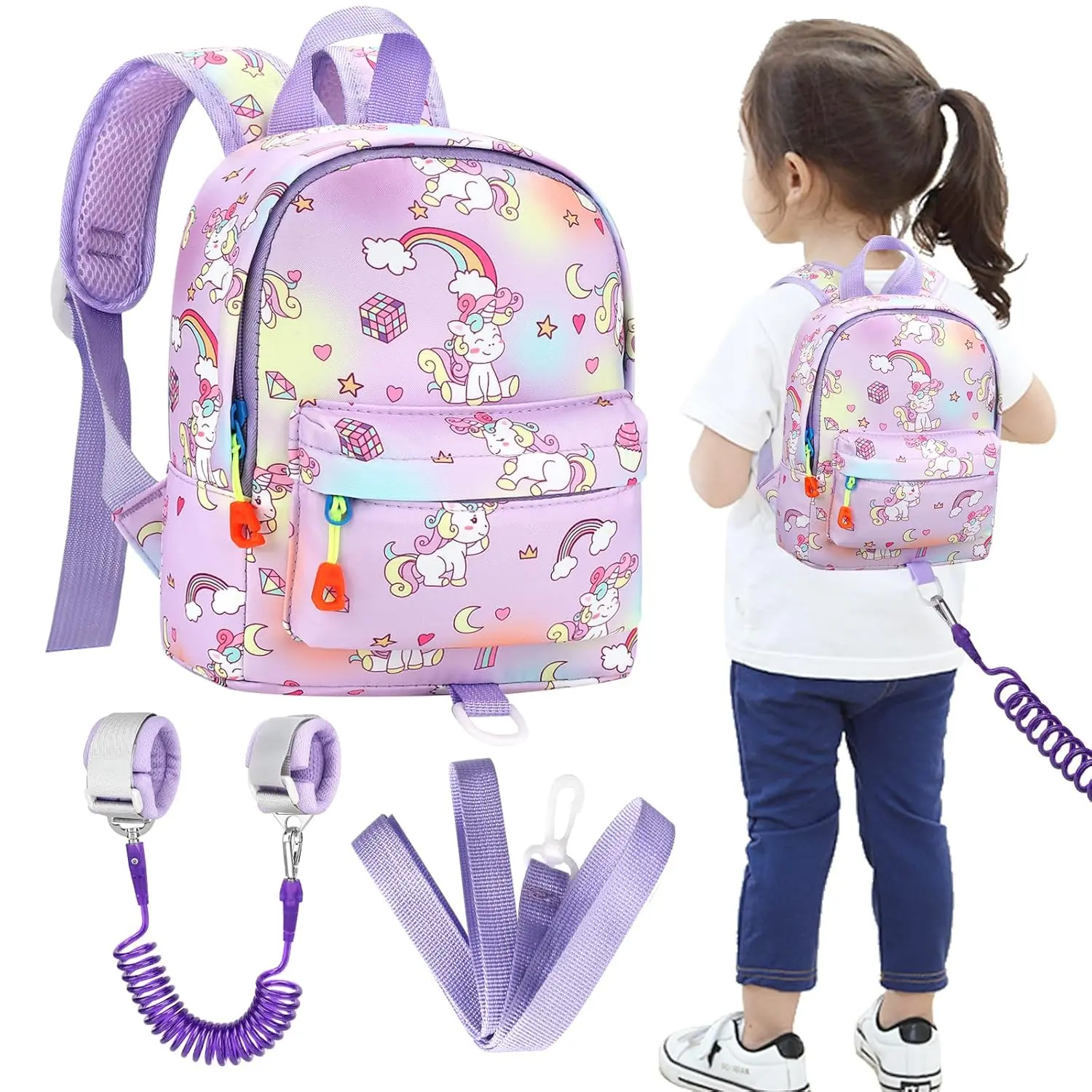 P-LWL016    Toddler Harness Backpack Leash, Mini Unicorn Backpacks with Anti Lost Wrist Link, Cute Child Backpack Walking Leashes Keep Kids Close Rope Tether Rein for Baby Girls to Outdoor Travel