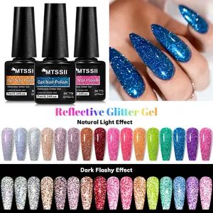 MTSSII 8Colors Fluorescent Reflective Glitter Gel Nail Polish Set Soak Off Gel Blue Sparkle Glitter Dark Flashy Neon Gel Polish For Summer Semi Permanent UV LED Gel Nail Art Varnish All For Manicure Kit Nail Art DIY For Salon And Home UV Light Gel