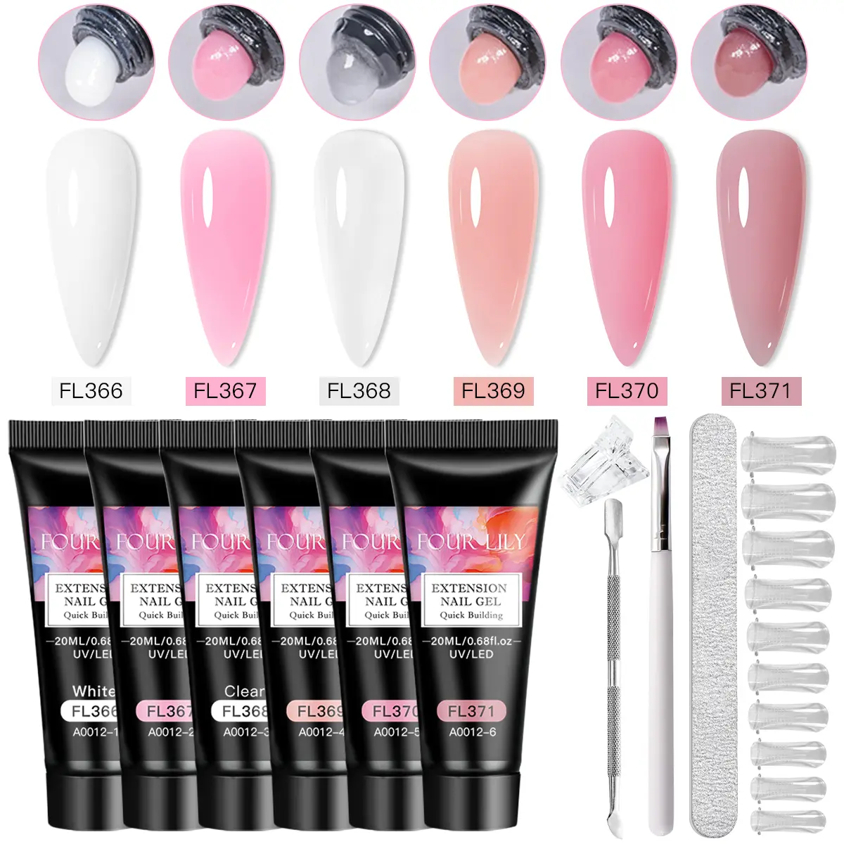 11PCS FourLily Extension Nail Poly Gel Kit, Nail Gel Set, Include Brush, Shaping Clips, Pusher, Nail Flie & 20pcs Fake Nails, Quick Building Nail Extension Gel for Salon-Quality Manicures At Home, Polygel Nails