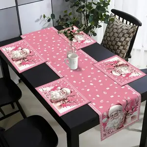 5/7 pieces of pink Christmas table flag, placemat and table runners set, featuring a pink Santa Claus reindeer pattern, suitable for indoor and outdoor use, can be wiped clean, and used for daily festive party decoration, Party Decoration Supplies