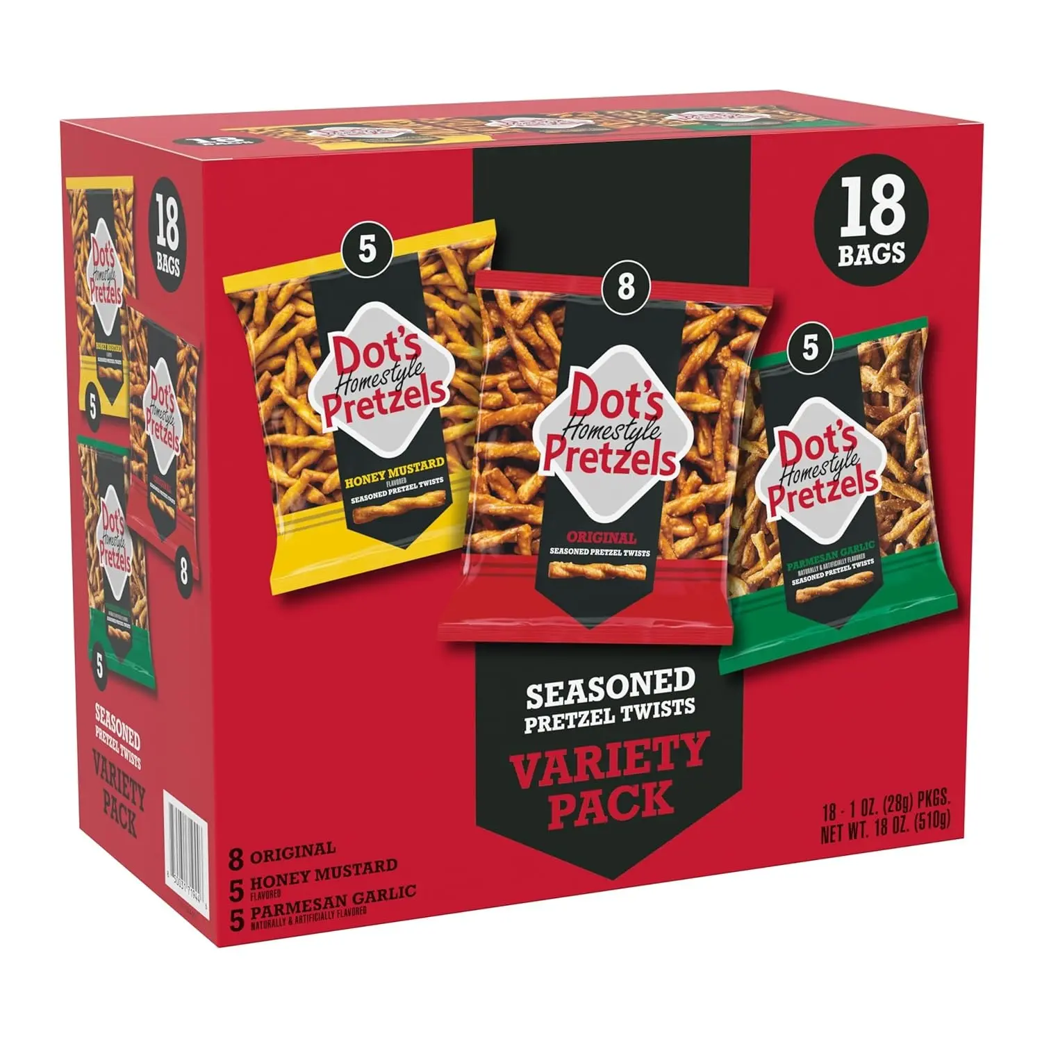 Dot's Homestyle Pretzels Variety Pack, Original, Honey Mustard & Parmesan Garlic Pretzel Twists, 1 oz Individual Bags, 18 Count
