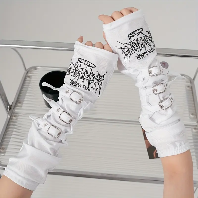 1 Pair Punk Y2K Post-Apocalyptic Embroidered Cuffs Black Half Finger Gloves - Non-Elastic Arm Sleeves with Metal Buckles, Hand Wash Only for Gothic Streetwear & Edgy Fashion Accessories