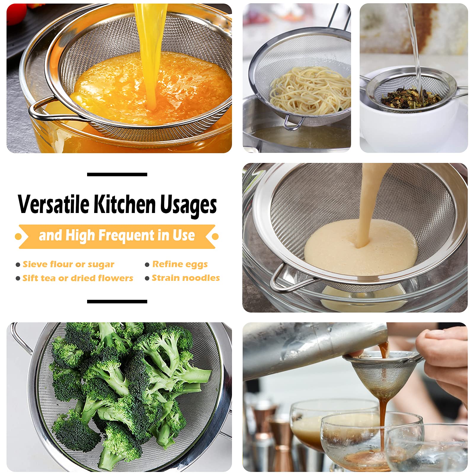 3PCS Stainless Steel Fine Mesh Strainer, Insulated Handle Kitchen Sieve, Food Colander for Rice & Pasta, Flour Sifter Baking & Cooking Tool