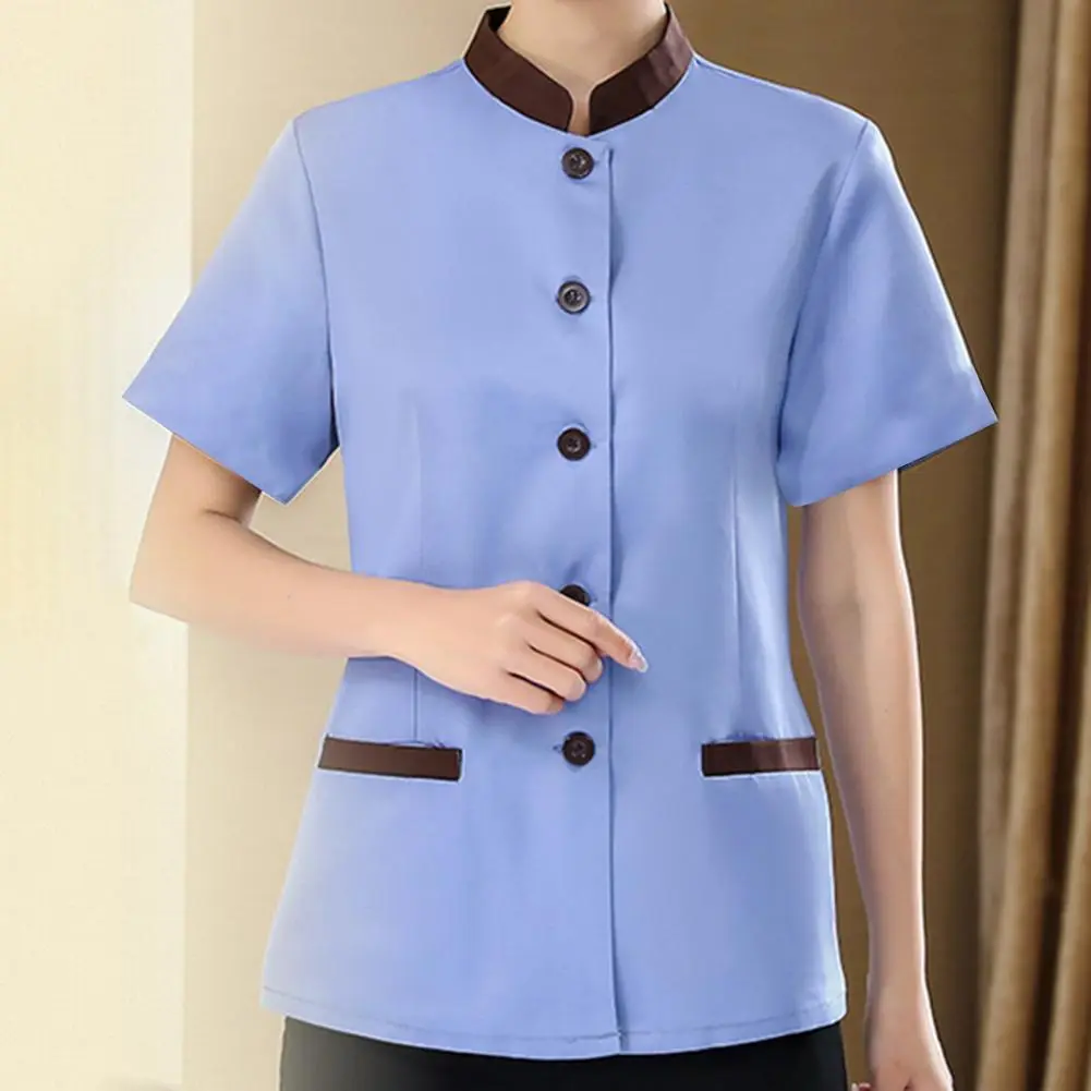 Hotel Housekeeping Uniform Women Slim Fit Top Stand Collar Short Sleeve Single Breasted Pockets Work Uniform T-shirt Hotel Top
