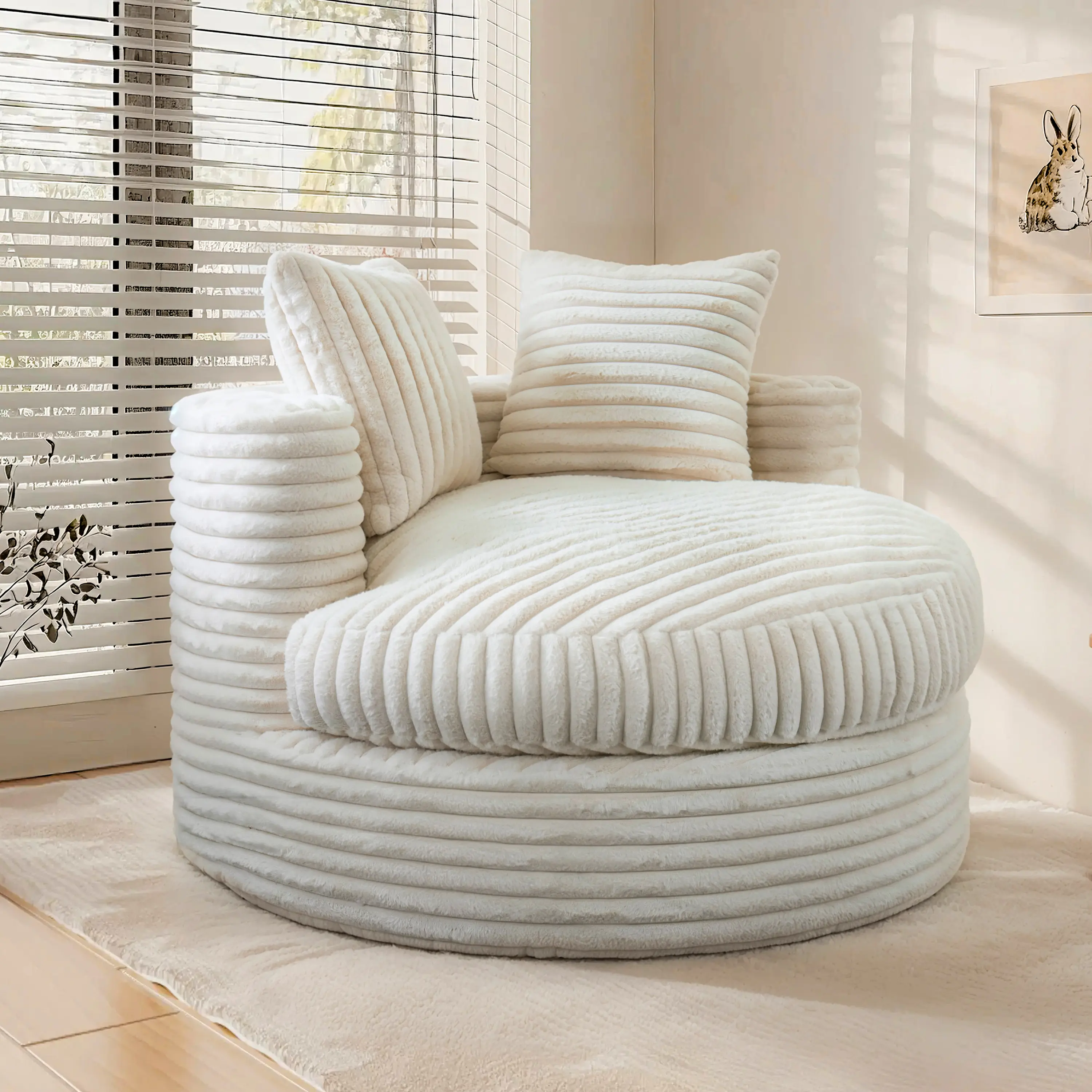 Round Curved Boneless Cloud Couch, Ultra‑Soft Striped Plush Modular Sofa with Pillows, Machine Washable Slipcovers, Luxury Floor Lounge Sofa for Living Room & Bedroom