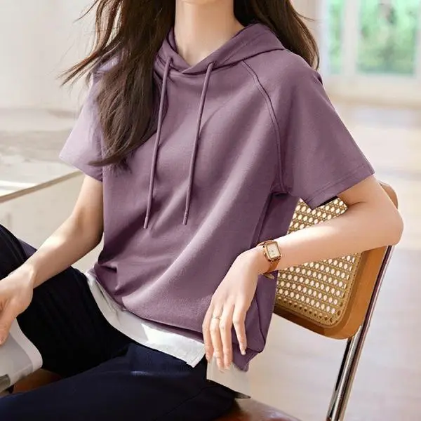 Women' Basic Polyester Baggy Hoodie Top Lightweight Comfortable Casual Sweatshirt Fabric, Boxy Relaxed Silhouette, Short Dolman Shortsleeve, Longline Tunic with Side Slits, Ideal for Athleisure, Street Style