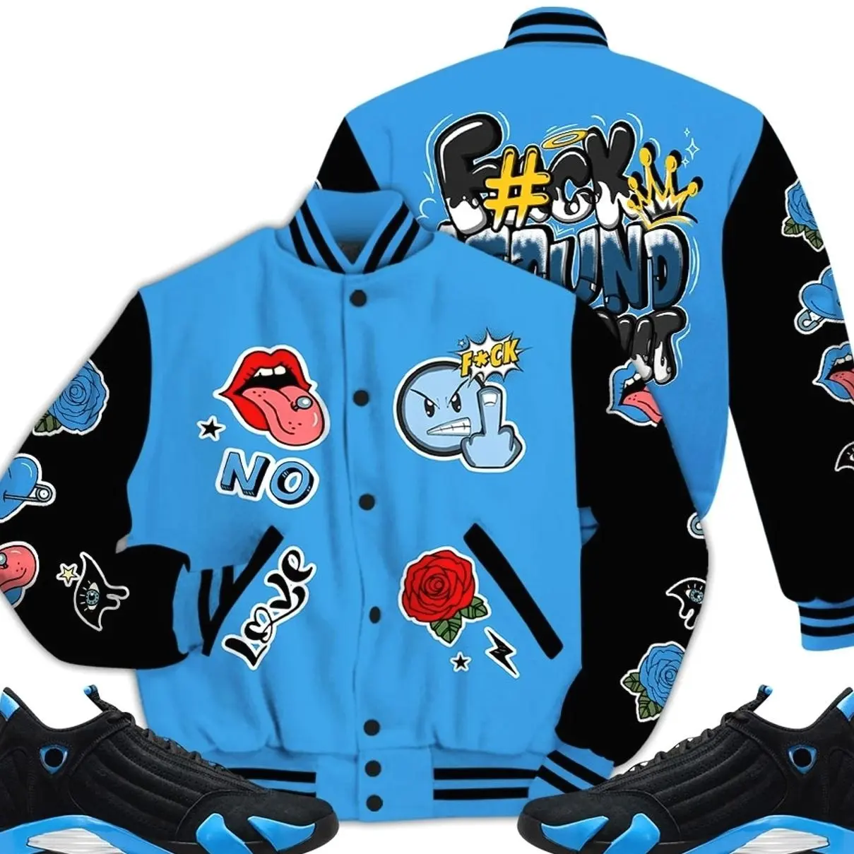 14 University Blue Outfits, Black University Blue 14s Varsity Jacket, Around Find Out Unisex T-Shirts To Match Sneakers Streetwear