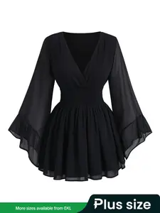 Plus Size Women's Fashion V Neck Ruched Waist A-Line Slim Fit Flounce Long Sleeve Top Bohemian Style Chic Summer Casual Wear Womenswear