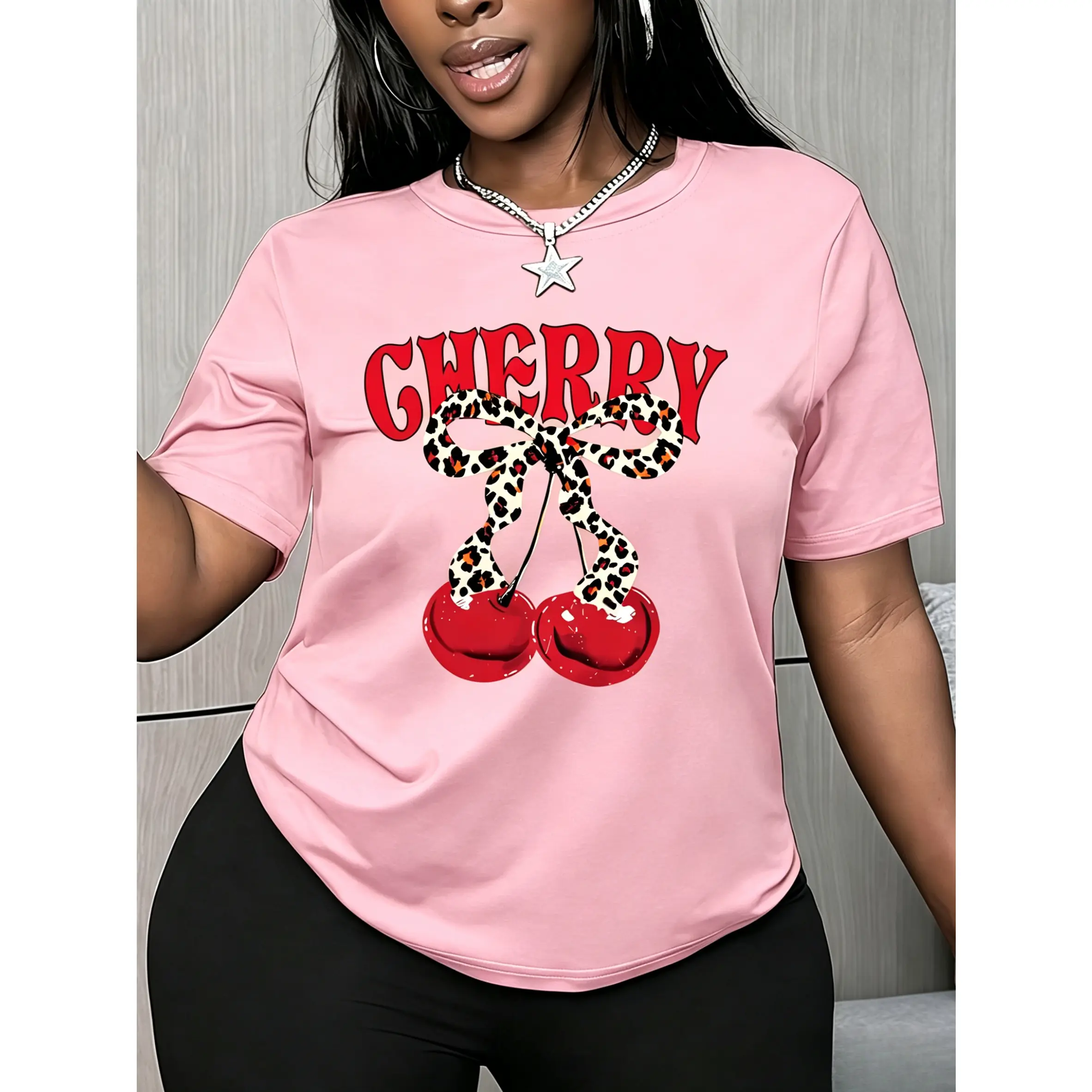 Women's Leopard Bow Cherry Graphic T-Shirt - Retro Y2K Cherry Print Tee, Casual Cotton Short Sleeve, Cute Trendy Coquette Top for Ladies