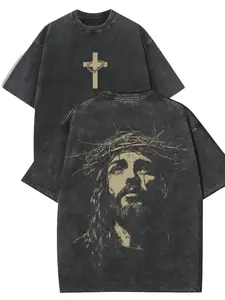 260g Heavyweight Vintage Washed Jesus Crown of Thorns Front & Back Graphic T-Shirt 100% Cotton Breathable Moisture-Wicking Acid Washed Tee Christian Faith Religious Oversized Streetwear Top for Men Women, Oversize, T Shirts
