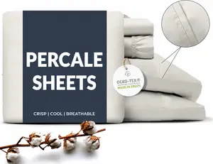 100% Cotton Percale Sheets Set  – Crisp & Cooling Bed Sheets for Hot Sleepers – Breathable Hotel Luxury Bedding with Deep Pocket Fitted Sheet – OEKO-TEX Certified Soft Cotton Sheet Set