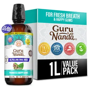 GuruNanda CocoMint Oil Pulling Mouthwash Value Pack with 7 Essential Oils & Vitamins for Complete Oral Health, 33.8 Fl Oz/1L