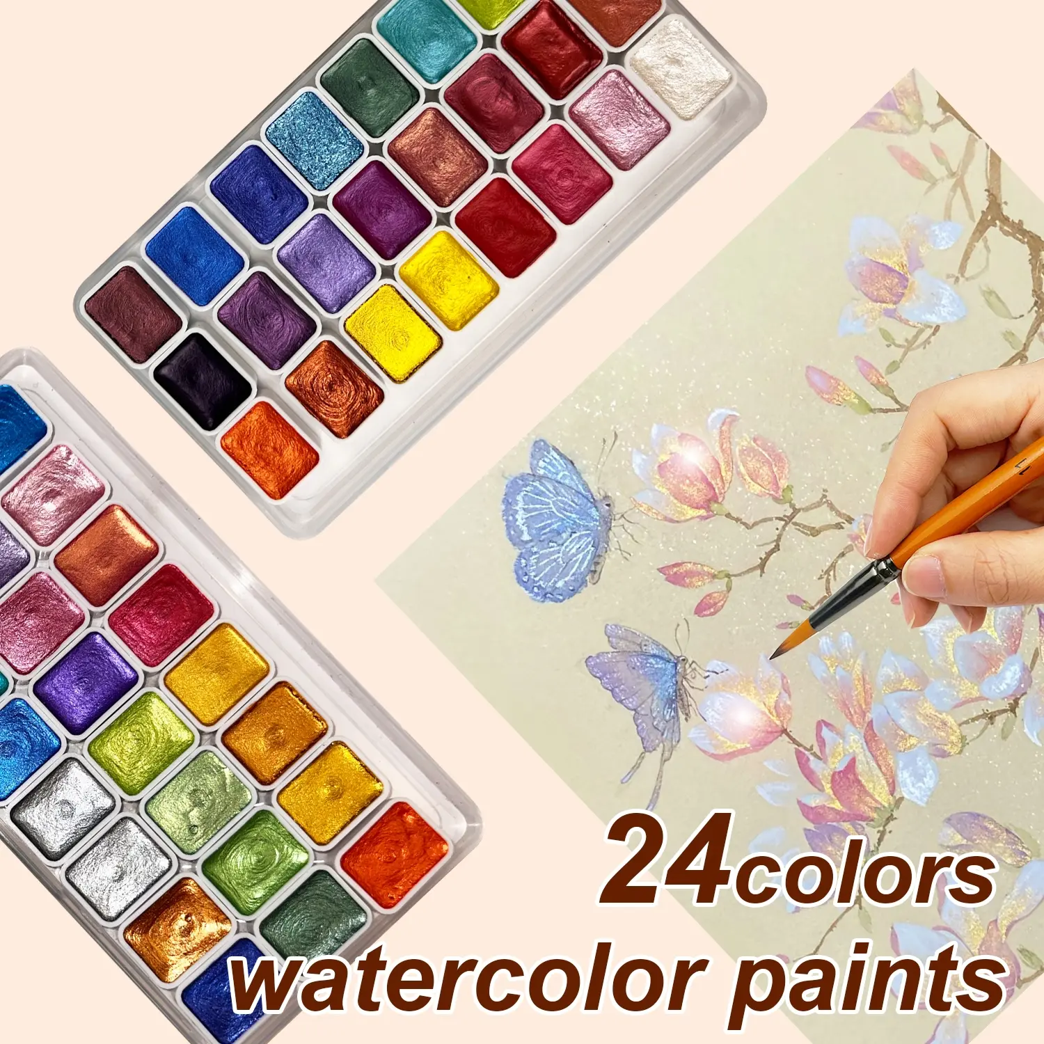 2 Pcs 24 Colors Pearlescent Watercolor Paint Set, Art Pearlescent Painting Palette, Sparkle Pearlescent Watercolor, Art Materials for Artists & Students, Art Drawing Supplies, Art School Supplies, Art Supply