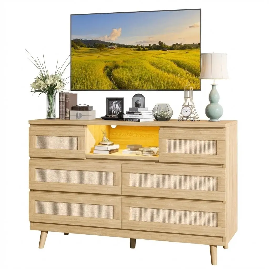 Garvee Rattan 6-Drawer Dresser with Integrated Charging Station and LED Lights, Modern Farmhouse Wooden Chest for Bedroom, Living Room, Nursery, and Entryway with Deep Storage and Open Cubby