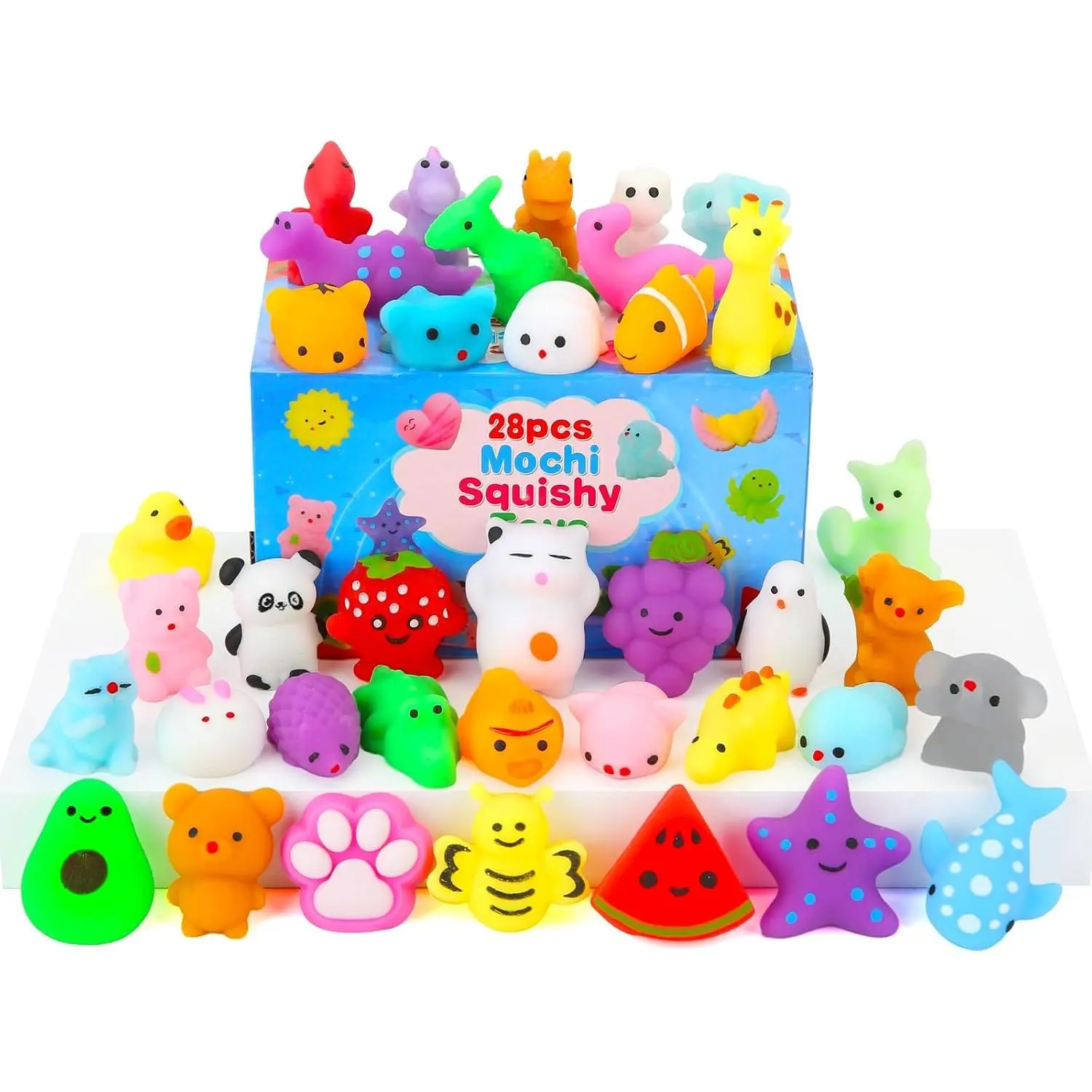 Squishy Toys, 28 Pack Kawaii Squishies and Cards, Gifts for Goodie Bag Stuffers, Party Favors for Kids 4-8 8-12, Treasure Box Classroom Prizes Mochi Squishy Cat Fidget Toys