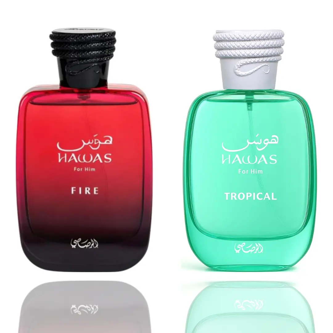 Rasasi Hawas Fire & Tropical Multi-Scent Men's Fragrance Bold Blend 2-Piece Packaged Boxed Bundle Set, 2 Bottles, Packaged Men's Fragrance