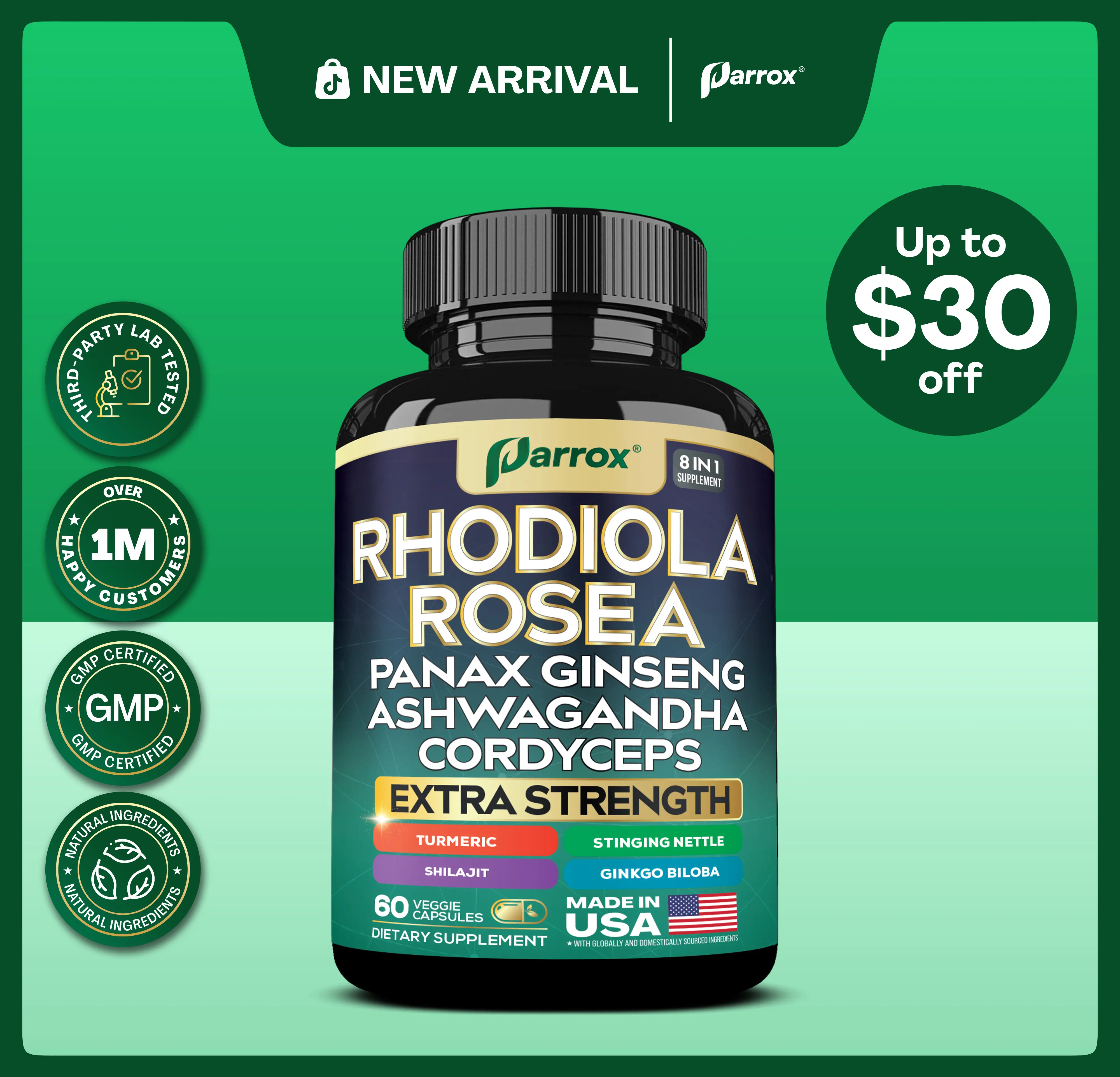 PARROX Rhodiola Rosea Multivitamin Supplement - Energy and Mental Focus Support - 8+ Extra Strength Ingredients - 60 Veggie Capsules - Made in USA