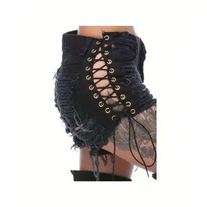 Women's High-Stretch Ripped Denim Shorts with Side Eyelet Detail - Slim Fit, Sexy Summer Streetwear, White Distressed Design, Lace-Up Accents, High Elasticity Fabric for Casual or Trendy Outfits, Casual Wear | Rugged Style, High Waisted Shorts(Sheet)