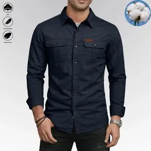 Men’s long-sleeve work shirt — outdoor casual multifunctional top, 100% pure cotton comfortable fabric, solid color design, turn-down collar, button details—ideal for spring and autumn.