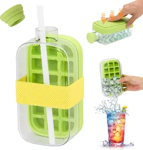 Ice Cube Bottle, 2 in 1 Touch-Free ice cube mold Tray with Straw & Lid - Easy Press Ice Tray Water Bottle, Leak Proof Lid, Vertical Ice Maker for Freezer, Travel, Gym & Home Use