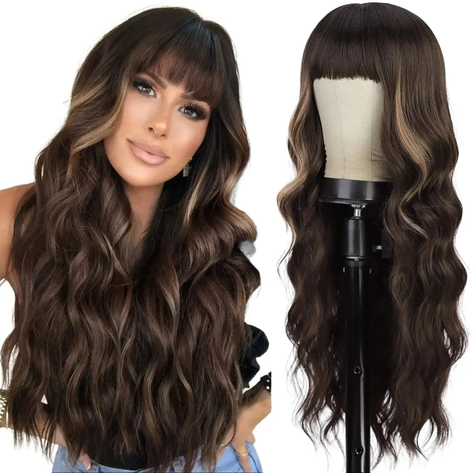 AISI HAIR 26-Inch Long Wavy Synthetic Soft Hair Wig with Bangs, Heat-Resistant, Lightweight & Durable, Adjustable, Beginner Friendly Wigs for Beginners