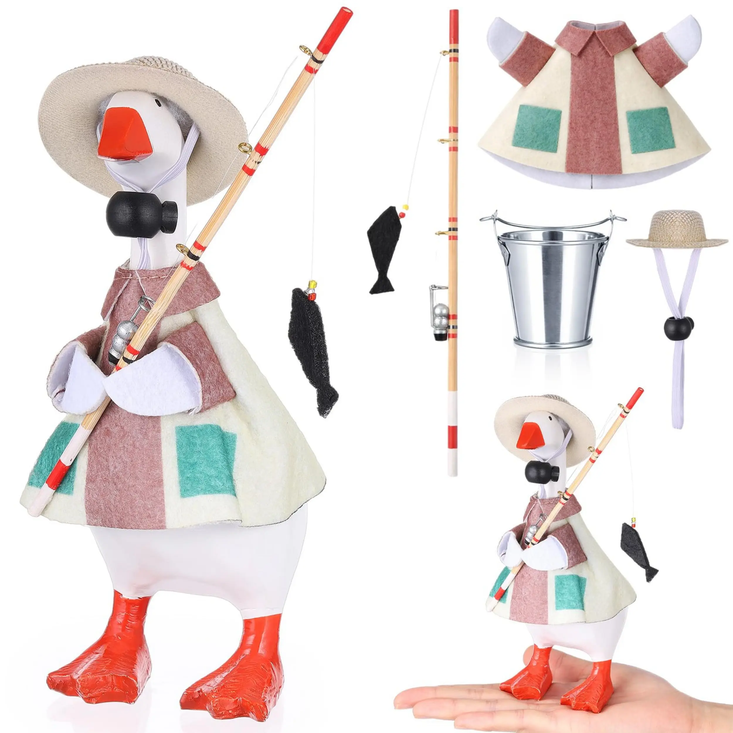 7" Funny Desk Goose Fishing Outfit Kit - Straw Hat, Fishing Rod, Bucket | Fieldsmen Clothes for Goose/Duck Statues | Whimsical Home Decor Accessory, Ornament, Gift